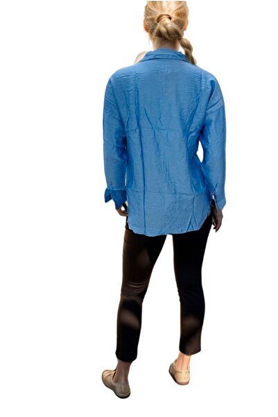 Cassime Оверсайз сорочка з синім квітковим візерунком з льону - з вишивкою бісером та вишивкою, на ґудзиках