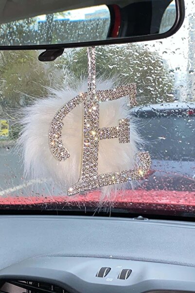 Arabasına Aşıklar Kulubü Gümüş Taşlı Dikiz Ayna Kolye Süsü Beyaz Tüylü E Harfi