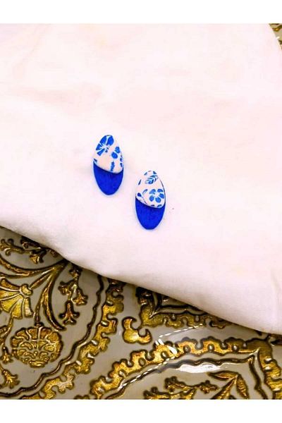 Karşı Köyden Navy Blue Polymer Earrings - Special Design, Tile Pattern and Flowers, Handmade