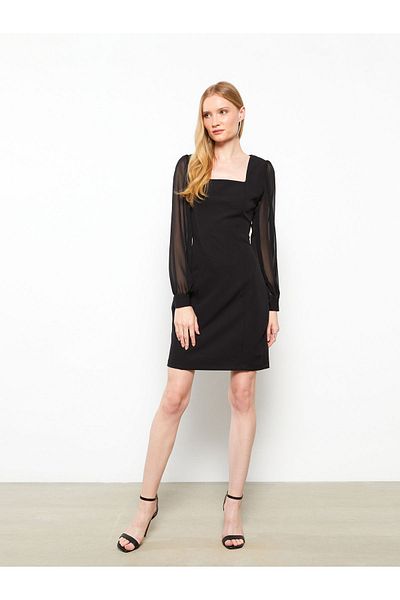 LC Waikiki Rochie de damă - guler pătrat, mânecă lungă solidă, crep