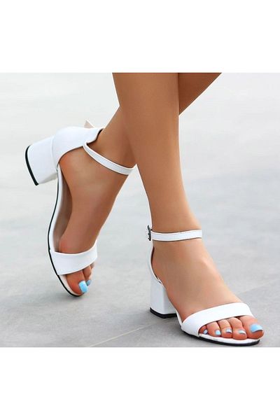 Afilli Women's White Single Band Thick Short Heeled Comfortable Sandals 4 cm Shoes Open Front Ankle
