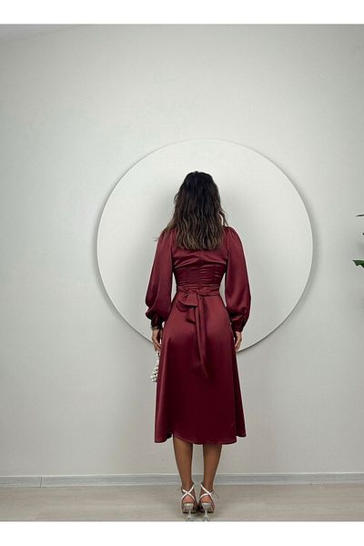 Afiş Butik Rochie Midi din Satin - Bordeaux, Detaliu Talie