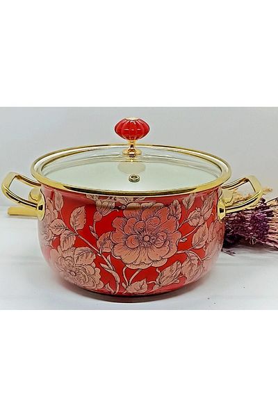 EBRULİEMAYE Red Rose Gold 20 cm Enameled Milk Yogurt Food Cookware