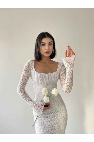 Julishop Λεπτή εφαρμογή Λευκή δαντέλα υφασμάτινη επένδυση Midi μακριά μανίκια...