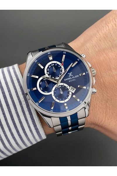 Daniel Klein Men's Wristwatch Silver Navy Blue Color Steel Strap 3 Atm Water Resistance
