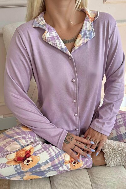 Pijamaevi Thermal Lilac Beruang Patterned, Buttoned Front Women's Pajamas Set