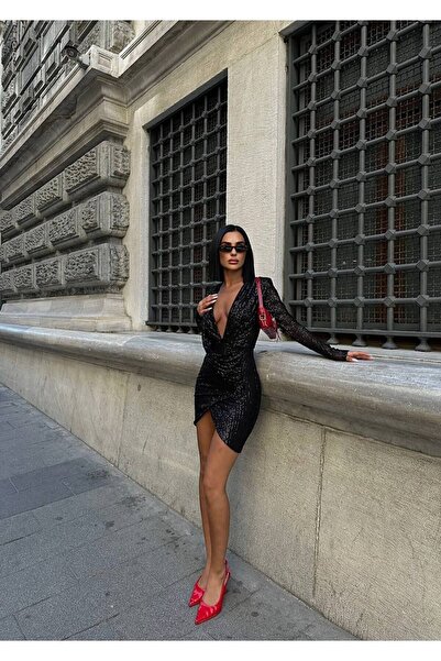 S&A Collectionn Mini šaty s flitry s dlouhým rukávem a výstřihem do V