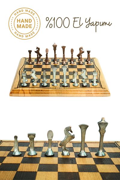 Metalicraft Mc52 Metal Chess Set |   Handmade Natural Wood Beech Board |   Antique Metal Stones