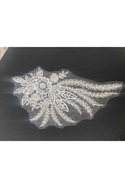 ESRA ŞELEM Flower Patterned White Bead and Sequin Embroidered Lace Applique Embroidery Guipure Accessory 2 Pieces