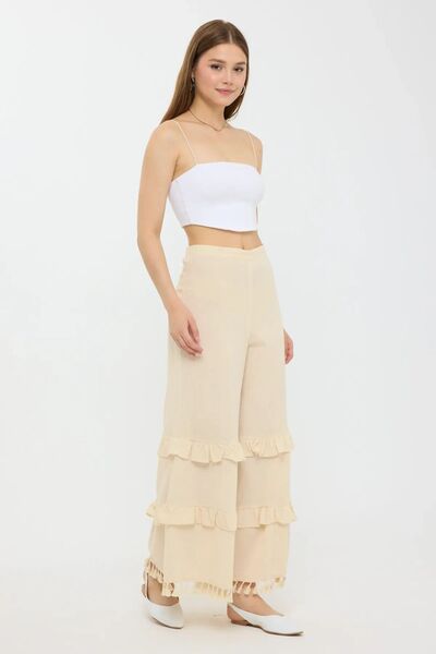Hiccup Püskül Uçlu Yüksek Bel Wide Leg Keten Pantolon