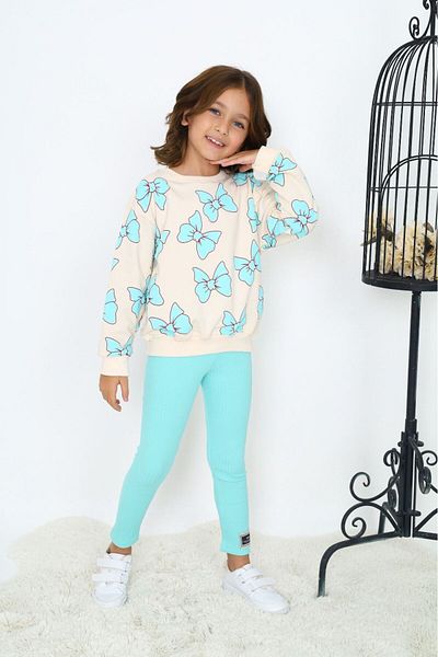 Lolliboomkids New Season Girl's - Aqua Blue Butterfly Patterned Ribbed Tights and Sweatshirt Set