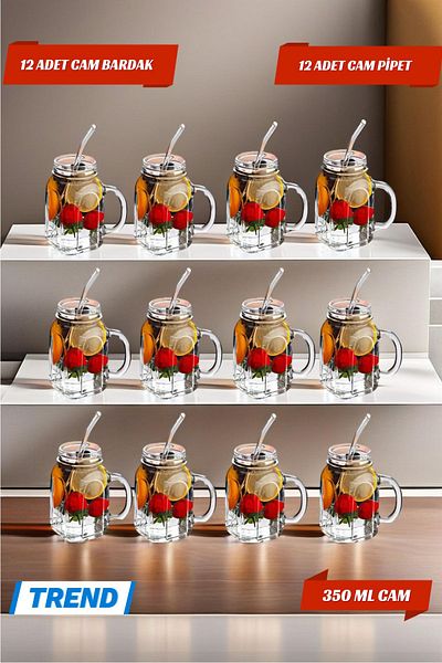 Open Home Concept Set of 12 Glass Cups with Handles, Straw Gift Model Cocktail Cold Coffee Soft Drink Glasses 450 ml