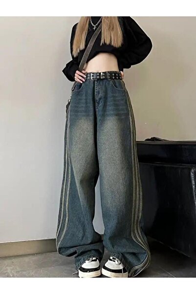 Köstebek Retro Vintage Style Navy Blue Stonewashed Striped Baggy Jeans