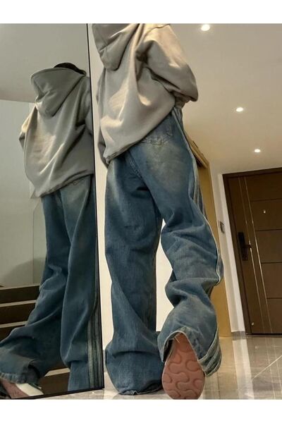 Köstebek Retro Vintage Style Navy Blue Stonewashed Striped Baggy Jeans