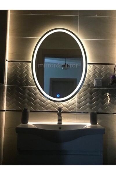 Çelik Cam Dekorasyon 60x80 Cm. Elips Ledli Dokunmatik Kumlamalı Dekoratif Flo...