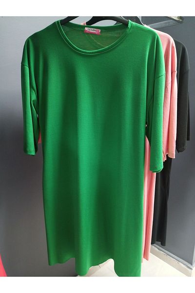 AKŞEN GİYİM Plus Size 90cm Slit Cotton Viscose ComBed Cotton Tunic / Dress / Underwear - Short Sleeve