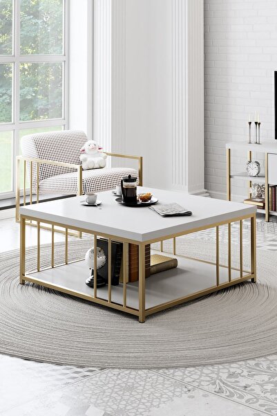 Modatte - Zenn 90x90x40 Cm Beyaz Orta Sehpa - 3.6 Cm Kalınlıkta Üst Tabla - Tymd146