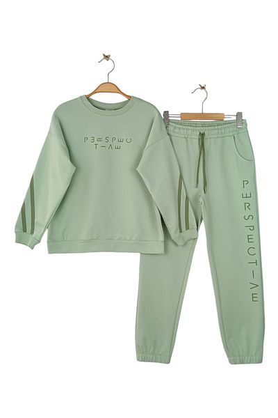 Via Girls 8-14 Years Old Girl's Tracksuit Set - Text Patterned, Piping Detail, Long Sleeve, Back Printed