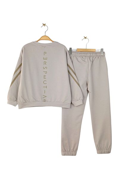 Via Girls 8-14 Years Old Girl's Tracksuit Set - Text Patterned, Piping Detail, Long Sleeve, Back Printed