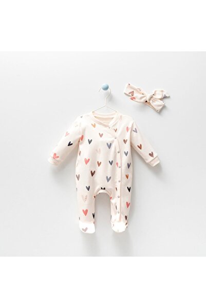 miniyou Kız Bebek Kalp Desenli Bandanalı Yen Doğan Çıtçıtlı Patikli Tulum