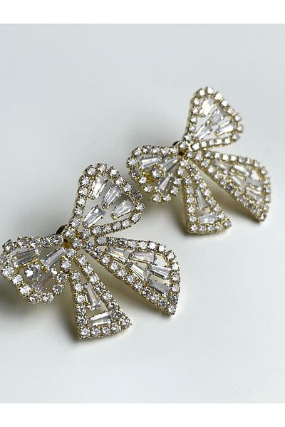 Poison Accessories Zircon Stone Detailed Big Bow Gold Steel Earrings