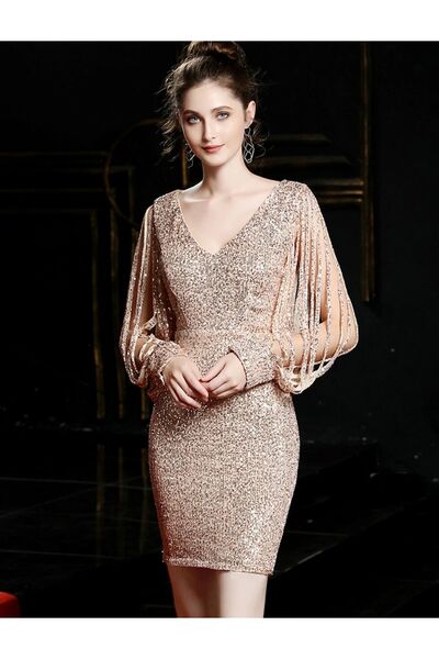 Genel Markalar V YAKA UZUN KOLLU MİNİ PUL PAYET ABİYE ELBİSE