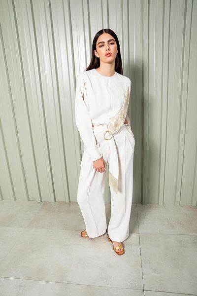 KAMEYA Wide Leg Ecru Trousers with Ring Belt