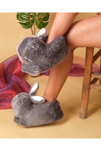 Amor Le perfume Botine de pluș cu figurine de iepure afumat - Cizme confortabile pentru acasă cu tălpi anti-alunecare