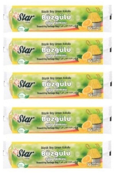 Star Plus Drawstring Garbage Bag / Bag - Large Size 65x70 - Lemon Scented - 5 Rolls = 50 Pieces