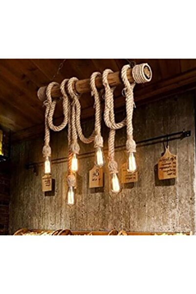 AhşapSepeti Bambu Avize 6 Lı Rustik Halat Sarkıt Avize Ahşap Avize Kütük Avize