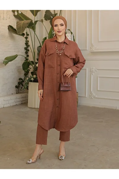 HİJABAYA Boydandan Buttoned Double Pocket Long Linen Tunic