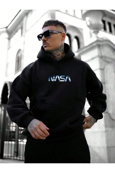 Altamira Hanorac negru cu glugă cu imprimeu NASA pentru bărbați