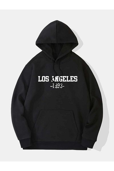 Altamira Unisex Black Los Angeles Printed Oversize Hooded Sweatshirt