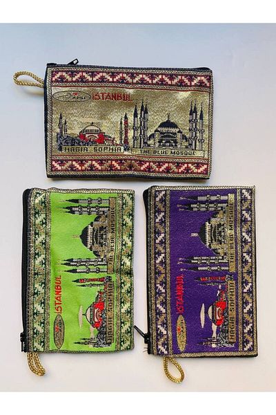 GALATA GIFT 3 Pieces Medium Size Women's Wallet, Stylish, Zippered, Lined Handle, Rug Patterned Money Wallet 15x10
