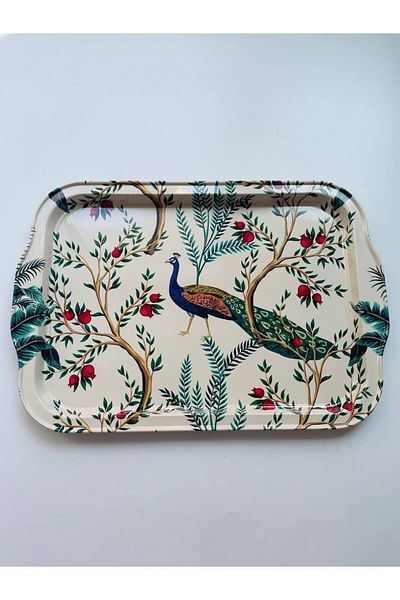 GALATA GIFT Μεταλλικός δίσκος τσαγιού, παγώνι, μοτίβο δέντρου ρόδι, κομψός δίσκος παρουσίασης 32*22cm