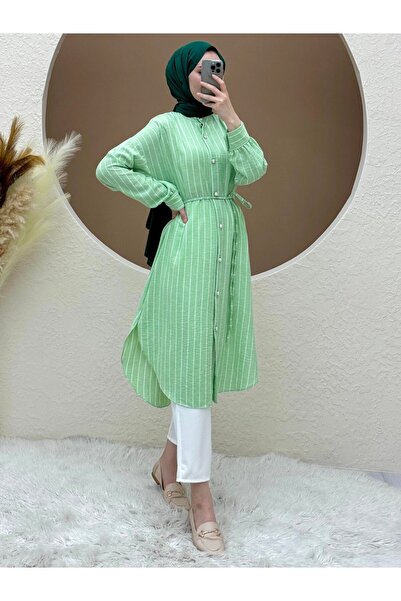 HİJABAYA Striped Long Tunic - Ball Button and Lace Up