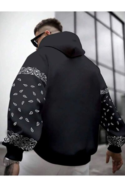 Altamira Erkek Siyah Kol Bandana Desenli Oversize Kapüşonlu Pamuklu Kanguru Cepli Sweatshirt