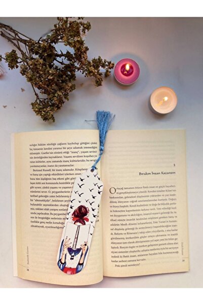 GALATA GIFT Girl Reading Book Themed Blue Tassel Bookmark with Bird Figure