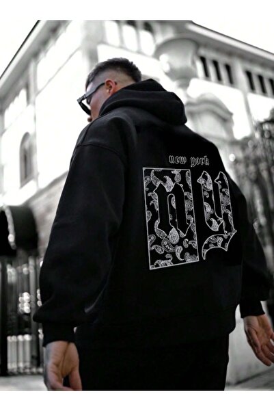 Altamira Erkek Siyah Sırt NY Baskılı Kapüşonlu Sweatshirt