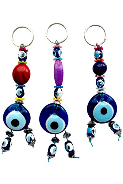 GALATA GIFT 3 قطع سلسلة مفاتيح مطرزة بعين الشر - حلية، سيارة، مكتب، هدية منزل...