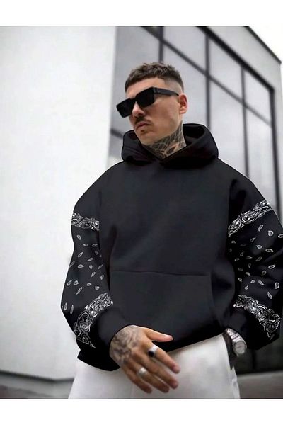 Altamira Men's Black Sleeve Patterned Oversize Hooded Sweatshirt