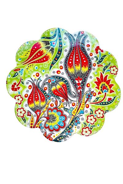 GALATA GIFT Light Green Ceramic Trivet with Tulip Pattern - Handmade 17cm Decorative Kitchen Trivet