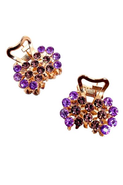 GALATA GIFT Lilac Purple Colored, Rhinestoned, Clamp Clip, Small Two Pieces Metal Hair Clip