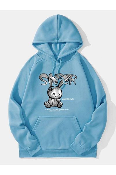 Altamira Blue Rabbit Printed Oversize Hooded Sweatshirt
