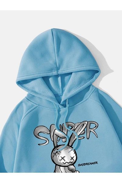 Altamira Blue Rabbit Printed Oversize Hooded Sweatshirt