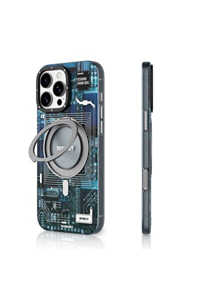 Youngkit iPhone 16 Pro Max Uyumlu Kılıf Magsafe Şarj Özellikli Youngkit 360° Standlı Technology Serisi Mavi