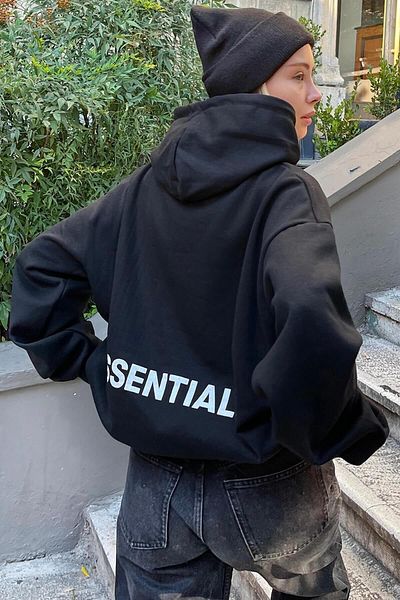 Swist Schwarzes Essentials-Sweatshirt aus Baumwolle mit Kapuze und Rückenbedruckung für Damen