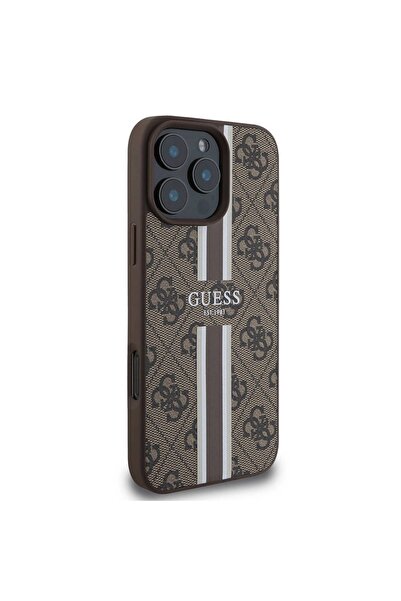 Guess iPhone 16 Pro Max Kılıf Guess Lisanslı Uyumlu Şarj Özellikli 4G Şerit Tasarımlı Printed Kahverengi