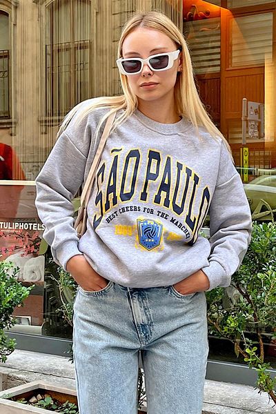 Swist Graues Sao-bedrucktes Damen-Sweatshirt aus Baumwolle