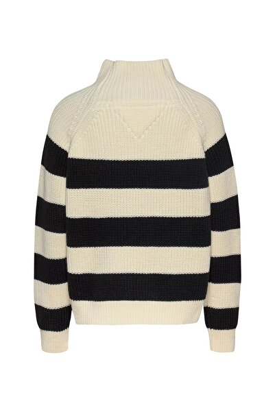 Tommy Hilfiger Kadın TJW STRIPE MOCKNCK BADGE Kazak-Beyaz